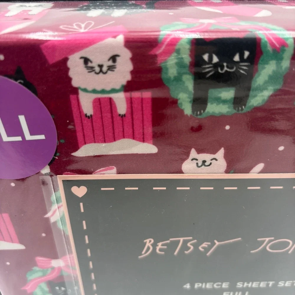 Betsey Johnson Full 4 Piece Sheet Set Christmas‎ Holiday Cats Pink Cozy